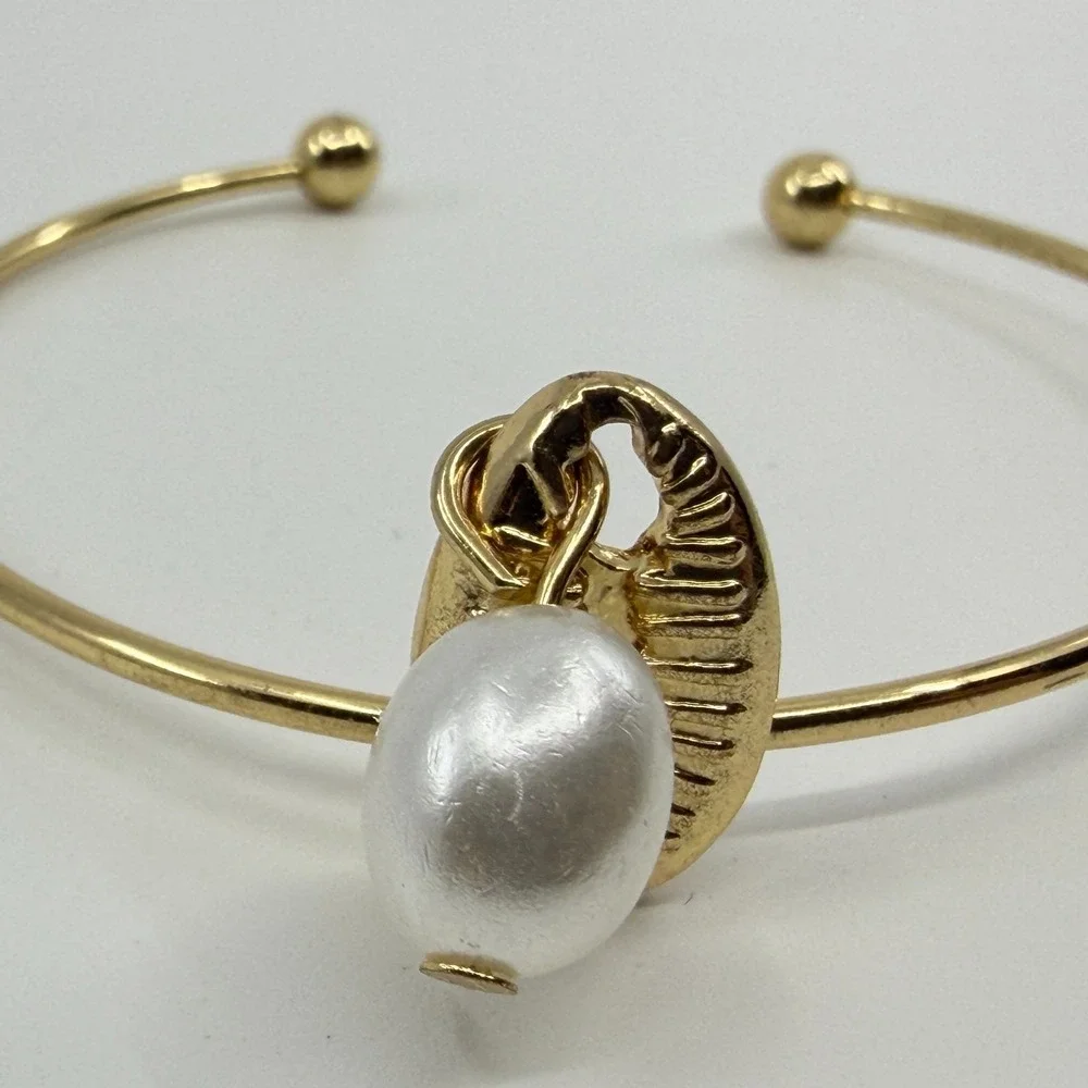 Y2K Gold Tone Shell & Faux Pearl Cuff Bangle Coastal Bohemian Statement Bracelet